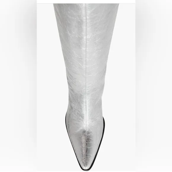 NWT Steve Madden Croft silver foil pointed toe knee high boots, sz 8.