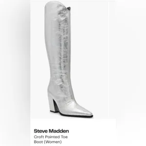 NWT Steve Madden Croft silver foil pointed toe knee high boots, sz 8.