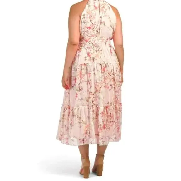 NWT TAYLOR Women's Plus Floral Print Smocked Waist Tiered Halter Midi Dress