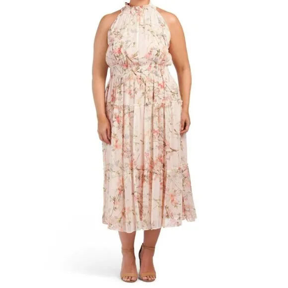 NWT TAYLOR Women's Plus Floral Print Smocked Waist Tiered Halter Midi Dress