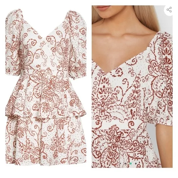 NWT TED BAKER Elizaaa White Brown Eyelet Floral Mini Dress Size TB 0/US 2