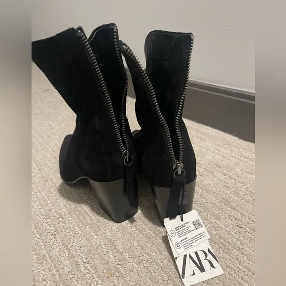 NWT ZARA GENUINE SUEDE BLACK POINTED TOE BOOTS 39