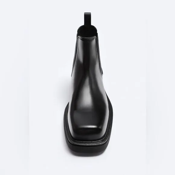 NWT Zara Men's Limited Edition Square Toe Leather Chelsea Boots in Black
