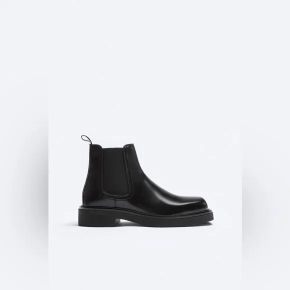 NWT Zara Men's Limited Edition Square Toe Leather Chelsea Boots in Black