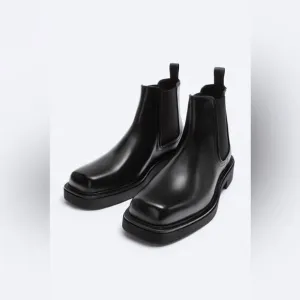 NWT Zara Men's Limited Edition Square Toe Leather Chelsea Boots in Black