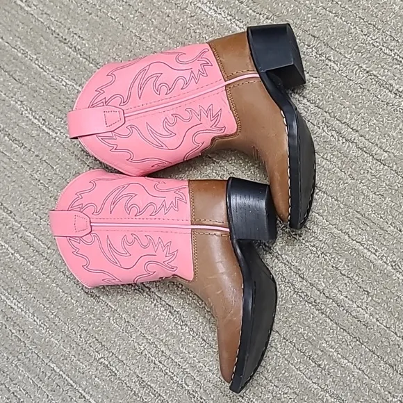 Old West Girls Western Leather Boots Pointed Toe Pink/Brown Size 9