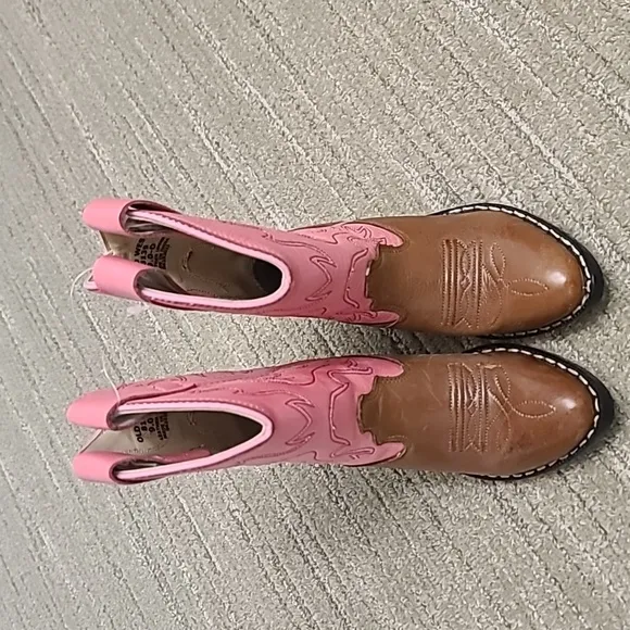 Old West Girls Western Leather Boots Pointed Toe Pink/Brown Size 9