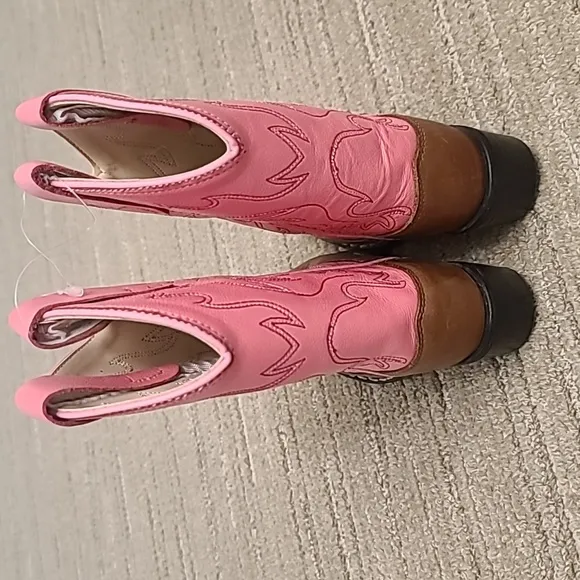 Old West Girls Western Leather Boots Pointed Toe Pink/Brown Size 9