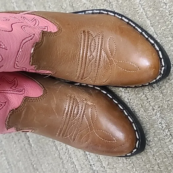 Old West Girls Western Leather Boots Pointed Toe Pink/Brown Size 9