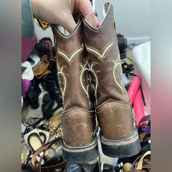 Old West Kids Leather Square Toe Cowboy Boots Sz 3 Western Country South