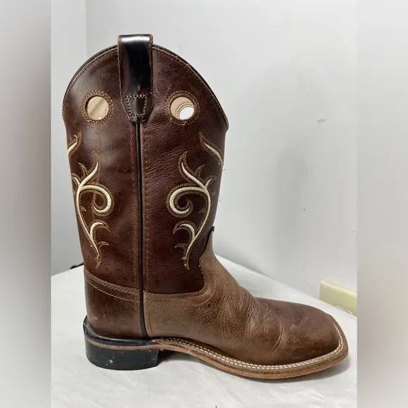 Old West Kids Leather Square Toe Cowboy Boots Sz 3 Western Country South