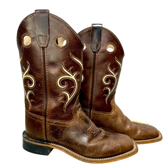 Old West Kids Leather Square Toe Cowboy Boots Sz 3 Western Country South