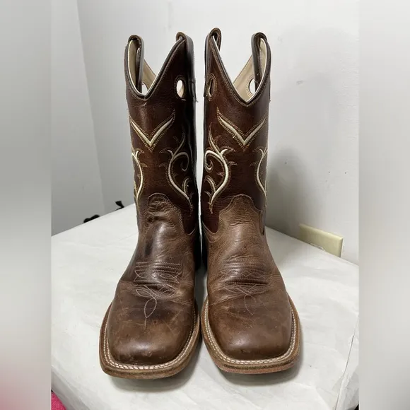 Old West Kids Leather Square Toe Cowboy Boots Sz 3 Western Country South
