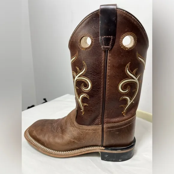 Old West Kids Leather Square Toe Cowboy Boots Sz 3 Western Country South