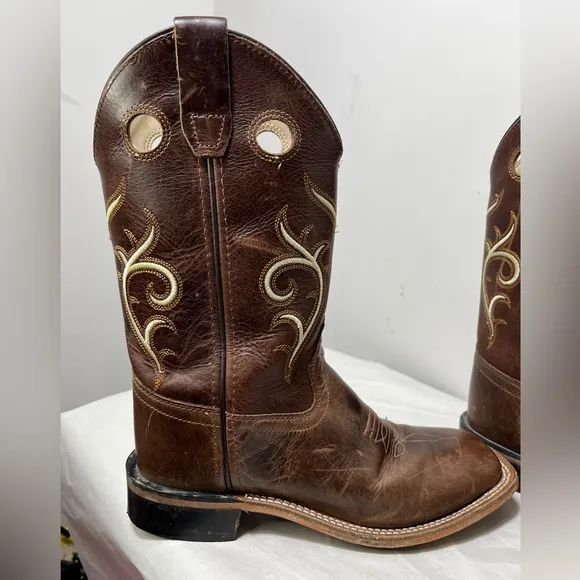 Old West Kids Leather Square Toe Cowboy Boots Sz 3 Western Country South