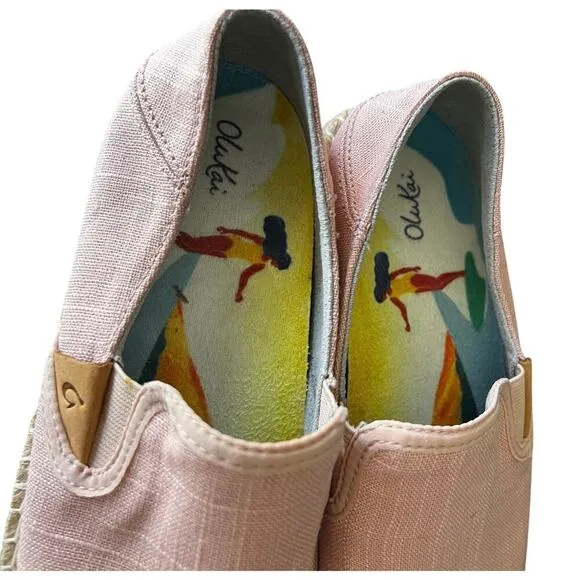 OLUKAI Bubblegum Rose Pink Linen Espadrille Slip On Loafers Beachy NWOT W7
