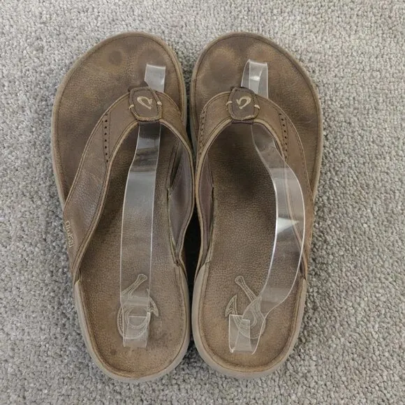 Olukai Nui Flip Flop Sandals Mens Size 10 Shoes Brown Leather Beach