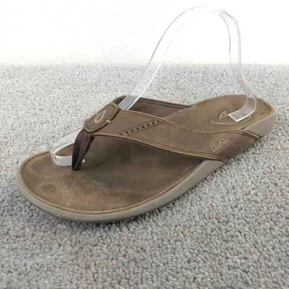 Olukai Nui Flip Flop Sandals Mens Size 10 Shoes Brown Leather Beach