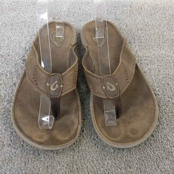 Olukai Nui Flip Flop Sandals Mens Size 10 Shoes Brown Leather Beach