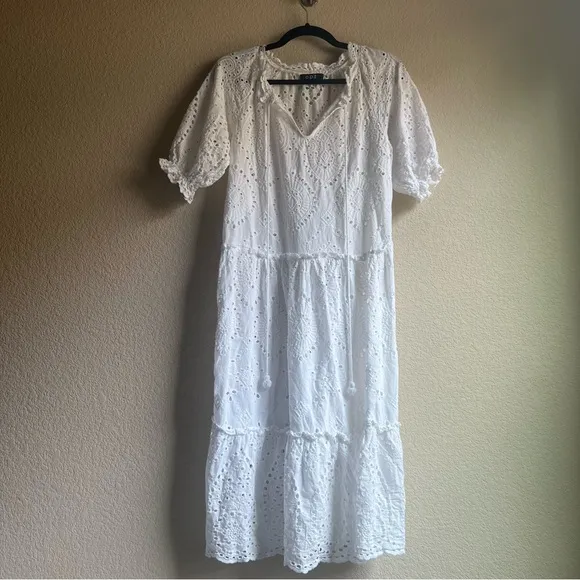 O.P.T. White Eyelet Tiered Summer Midi Dress 100% Cotton X-Small