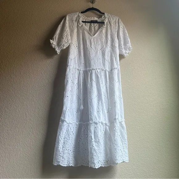 O.P.T. White Eyelet Tiered Summer Midi Dress 100% Cotton X-Small