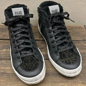 P448 Skate Boster Black Leopard Print Suede Fur Lined High Top Sneakers 40/9-9.5