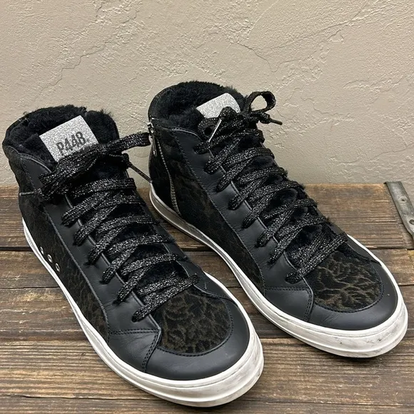 P448 Skate Boster Black Leopard Print Suede Fur Lined High Top Sneakers 40/9-9.5