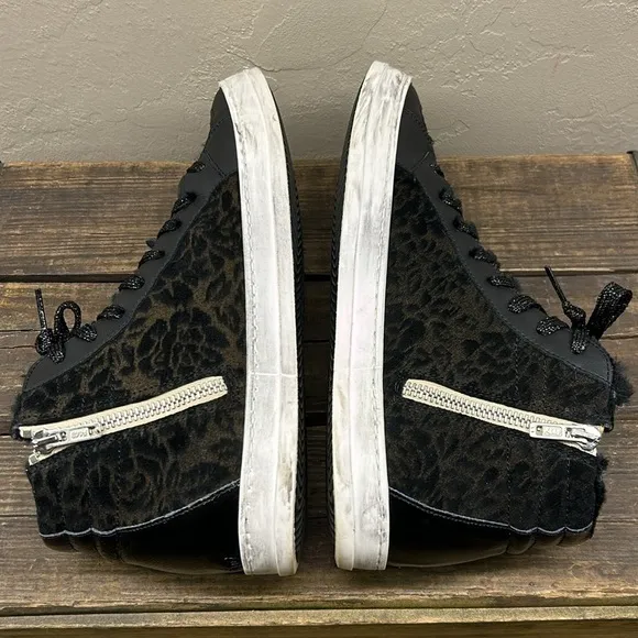 P448 Skate Boster Black Leopard Print Suede Fur Lined High Top Sneakers 40/9-9.5