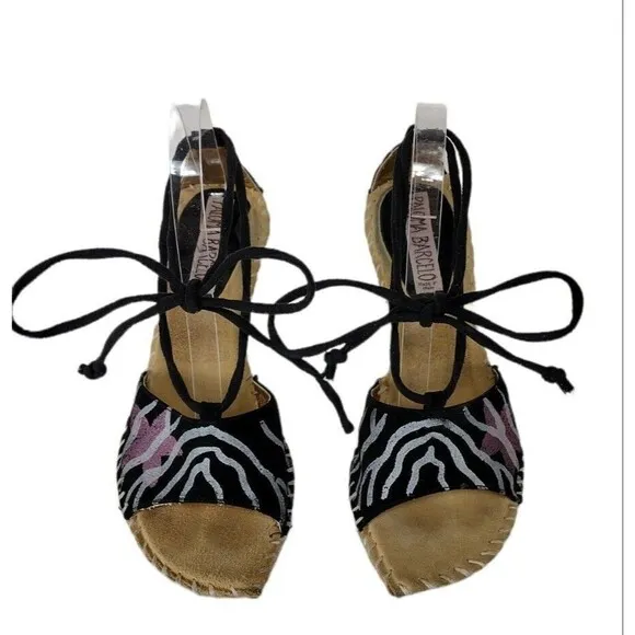 Paloma Barcelo Hand Painted Zebra Suede Espadrille Ankle Tie-Up Hemp Sandal Sz 9