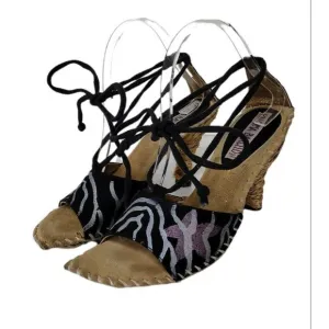 Paloma Barcelo Hand Painted Zebra Suede Espadrille Ankle Tie-Up Hemp Sandal Sz 9