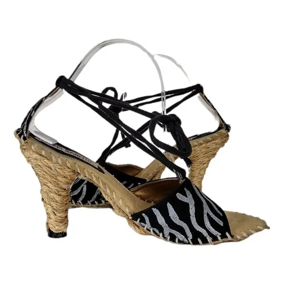 Paloma Barcelo Hand Painted Zebra Suede Espadrille Ankle Tie-Up Hemp Sandal Sz 9
