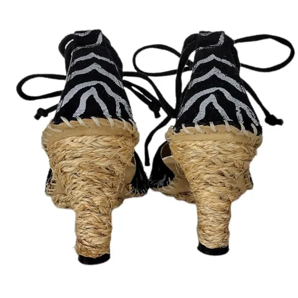 Paloma Barcelo Hand Painted Zebra Suede Espadrille Ankle Tie-Up Hemp Sandal Sz 9