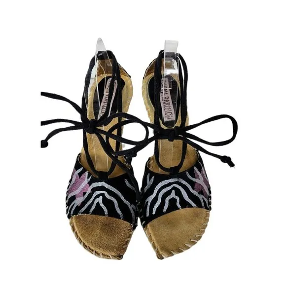 Paloma Barcelo Hand Painted Zebra Suede Espadrille Ankle Tie-Up Hemp Sandal Sz 9