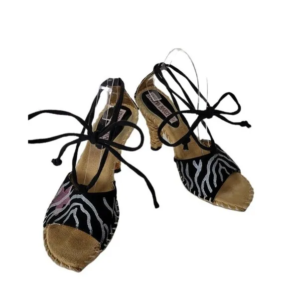 Paloma Barcelo Hand Painted Zebra Suede Espadrille Ankle Tie-Up Hemp Sandal Sz 9