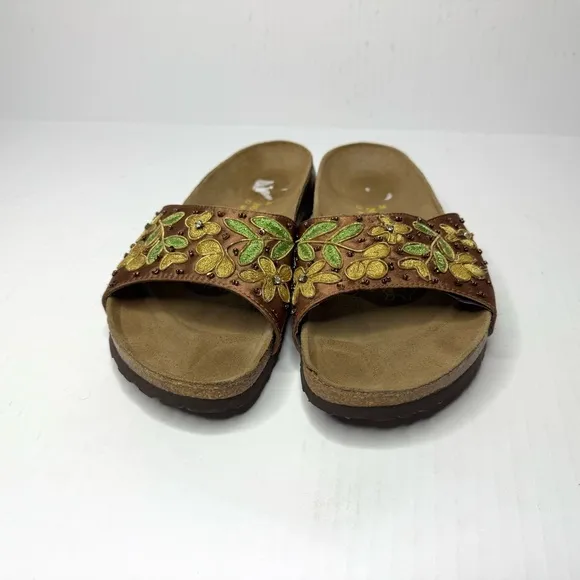 Papillio Birkenstock Embroidered Design Yellow Brown Sandals