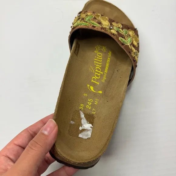 Papillio Birkenstock Embroidered Design Yellow Brown Sandals