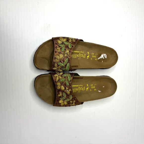 Papillio Birkenstock Embroidered Design Yellow Brown Sandals