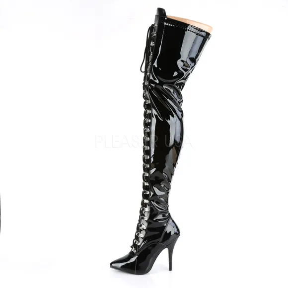 Patent Pointed Toe Lace Up Heel Thigh High Boots