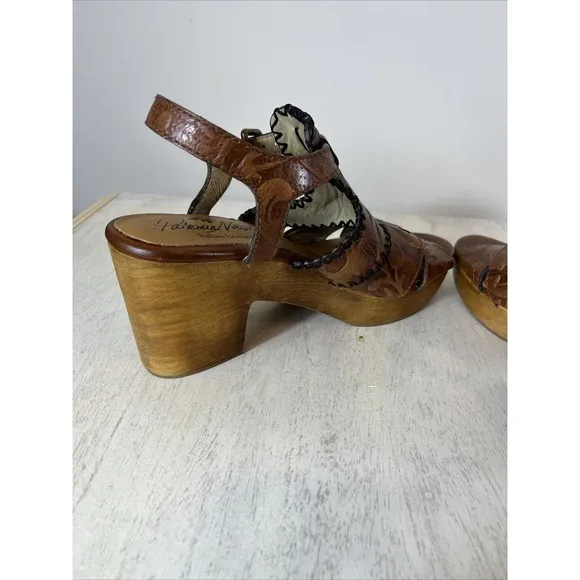 Patricia Nash Viola Brown Floral Leather  Wood Block Heel Sandals Size 9.5