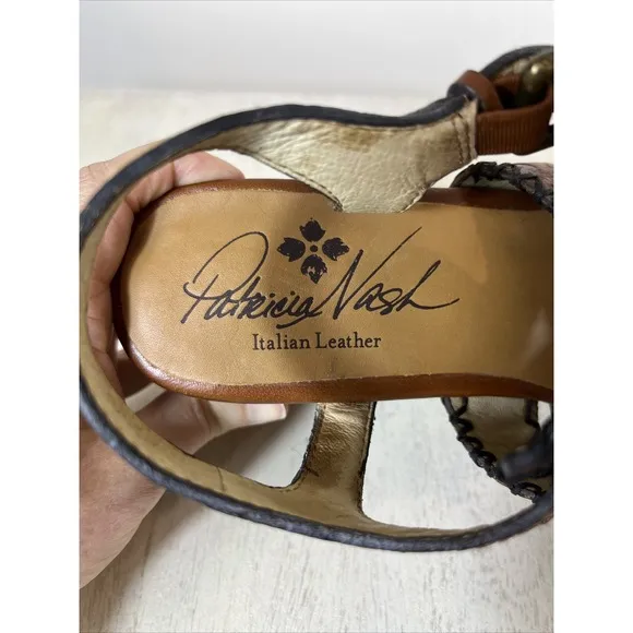 Patricia Nash Viola Brown Floral Leather  Wood Block Heel Sandals Size 9.5
