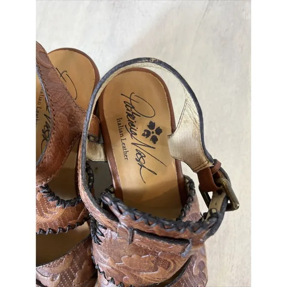 Patricia Nash Viola Brown Floral Leather  Wood Block Heel Sandals Size 9.5