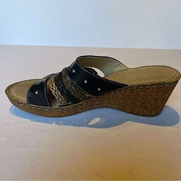 Patrizia Sandals by Spring Step Size 8.5/39 Black/Tan Braided Slip On Wedge