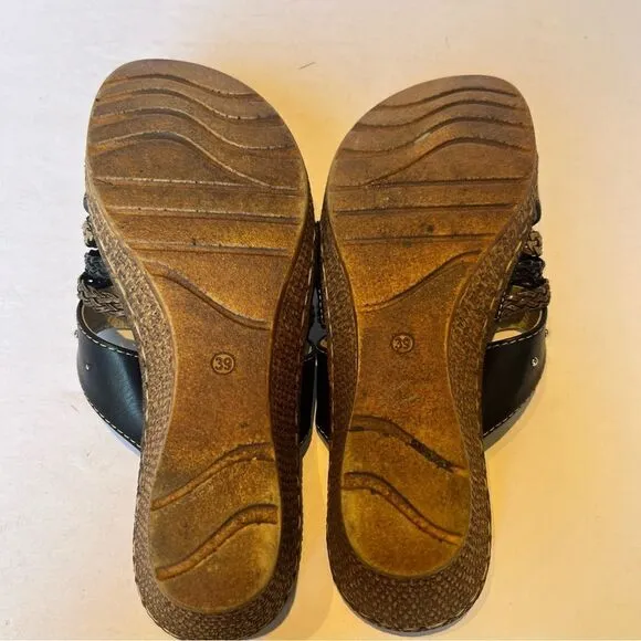 Patrizia Sandals by Spring Step Size 8.5/39 Black/Tan Braided Slip On Wedge