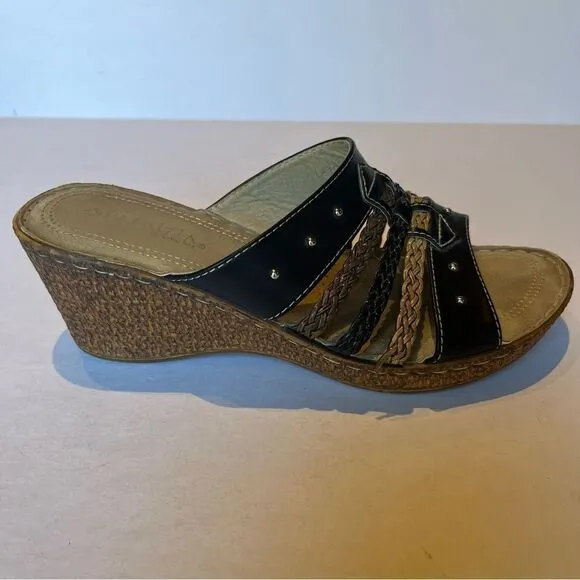 Patrizia Sandals by Spring Step Size 8.5/39 Black/Tan Braided Slip On Wedge