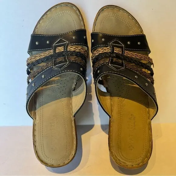 Patrizia Sandals by Spring Step Size 8.5/39 Black/Tan Braided Slip On Wedge