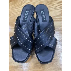 Pedro Garcia Wedge Sandals Women's 7.5 Black Leather Studded Designer Preppy S61