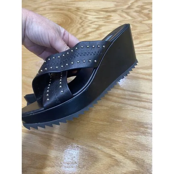 Pedro Garcia Wedge Sandals Women's 7.5 Black Leather Studded Designer Preppy S61