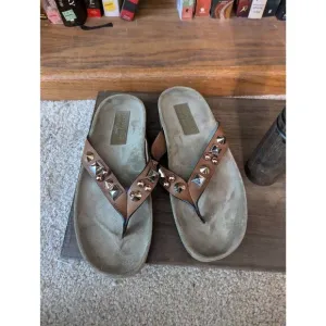 Pedro Garcia Women's 38.5 US 8.5 Brown Studded Leather Slip on Thong Sandals