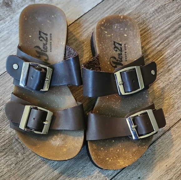 Pier 27 Beach Life Kids Brown Leather Double Buckle Footbed Slip-On Sandals