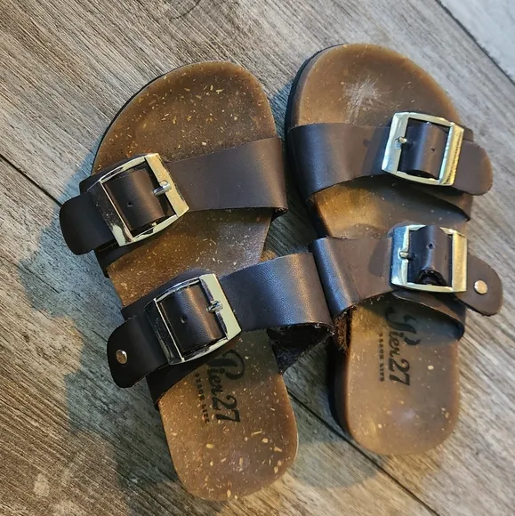 Pier 27 Beach Life Kids Brown Leather Double Buckle Footbed Slip-On Sandals
